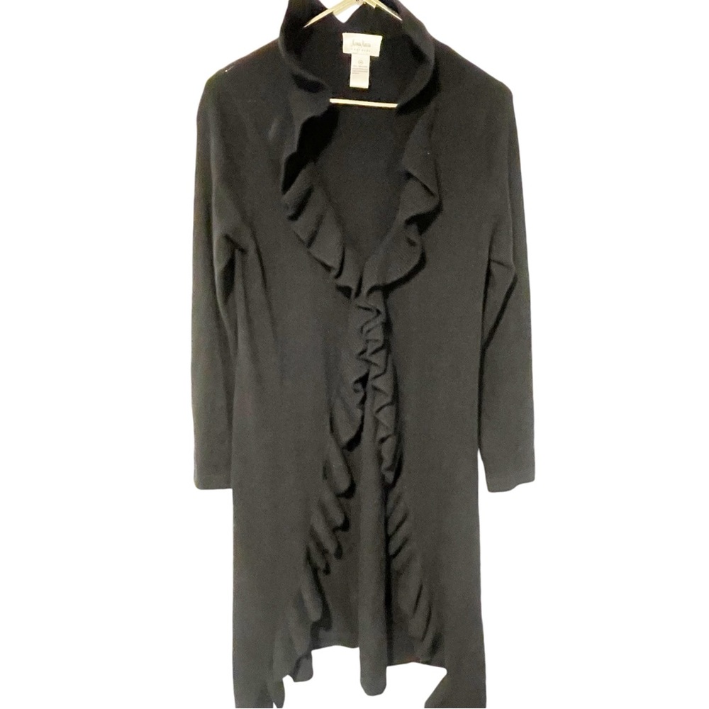 Neiman Marcus Size Medium Black Cashmere Ruffle Open Front Cardigan Sweater